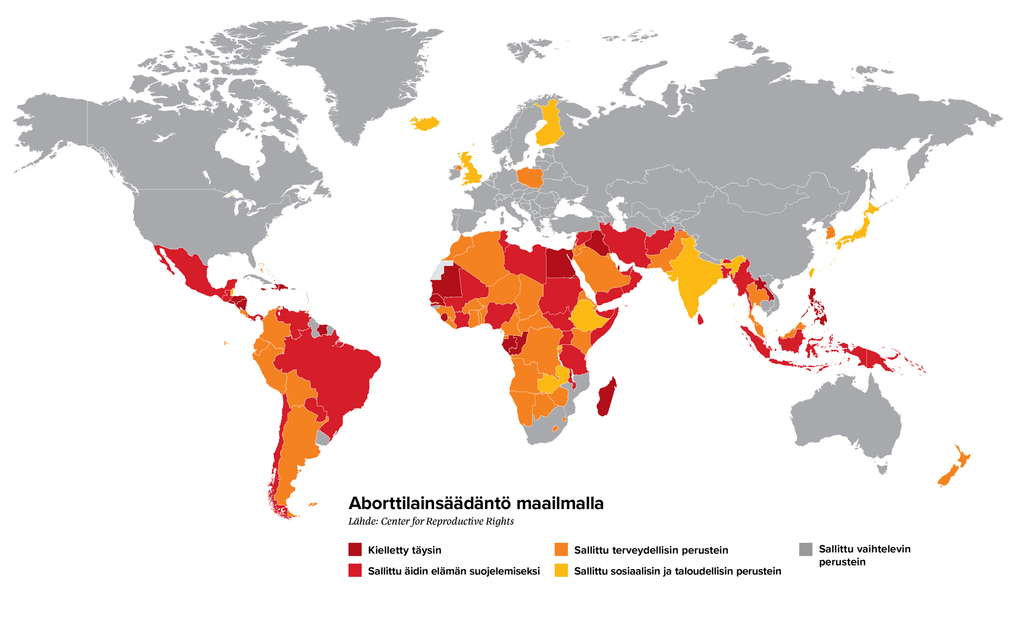 Maailman kartta aborttilainsäädännöstä maailmalla