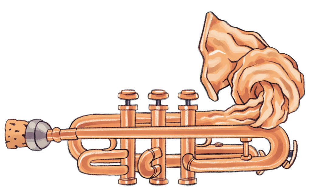 Piirroskuvituksessa on trumpetti, jossa on sordiino sekä torviosa runtattu solmuun.
