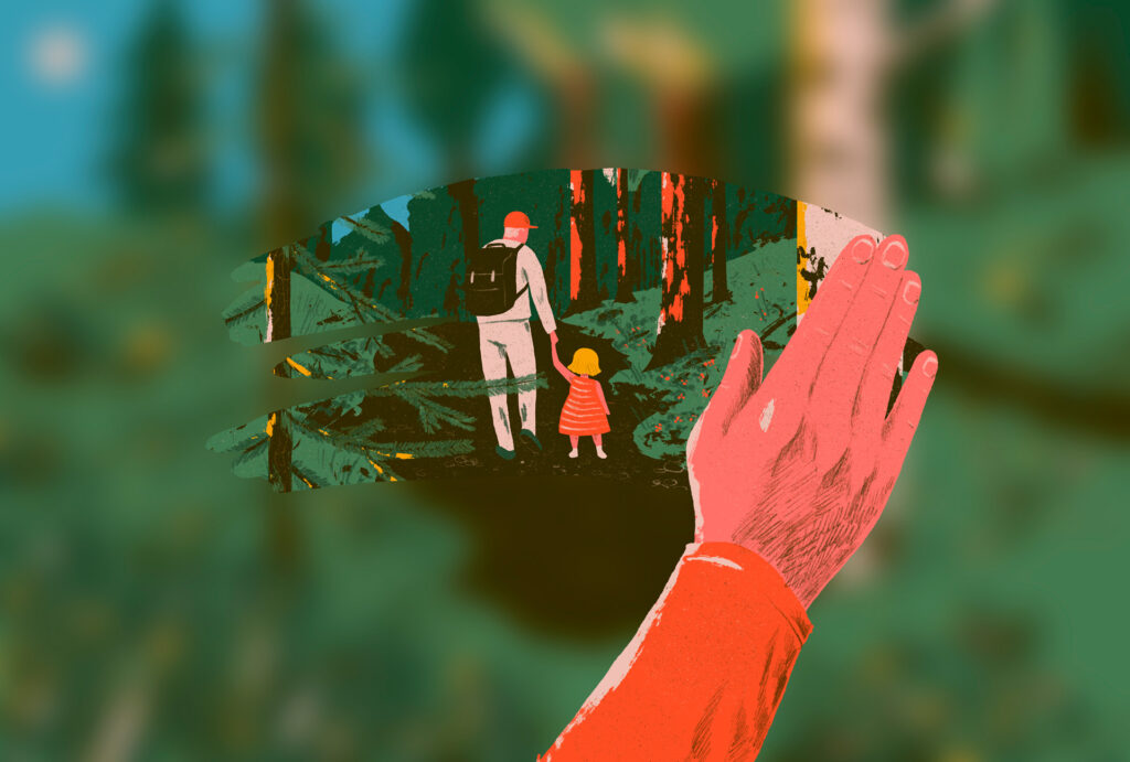 Piirroskuvassa käsi pyyhkii sumuisesta lasista näkyviin pienen kaistaleen kuva-alasta. Pyyhityn alueen läpi näemme aikuisen ja lapsen kävelemässä käsi kädessä metsäpolulla.