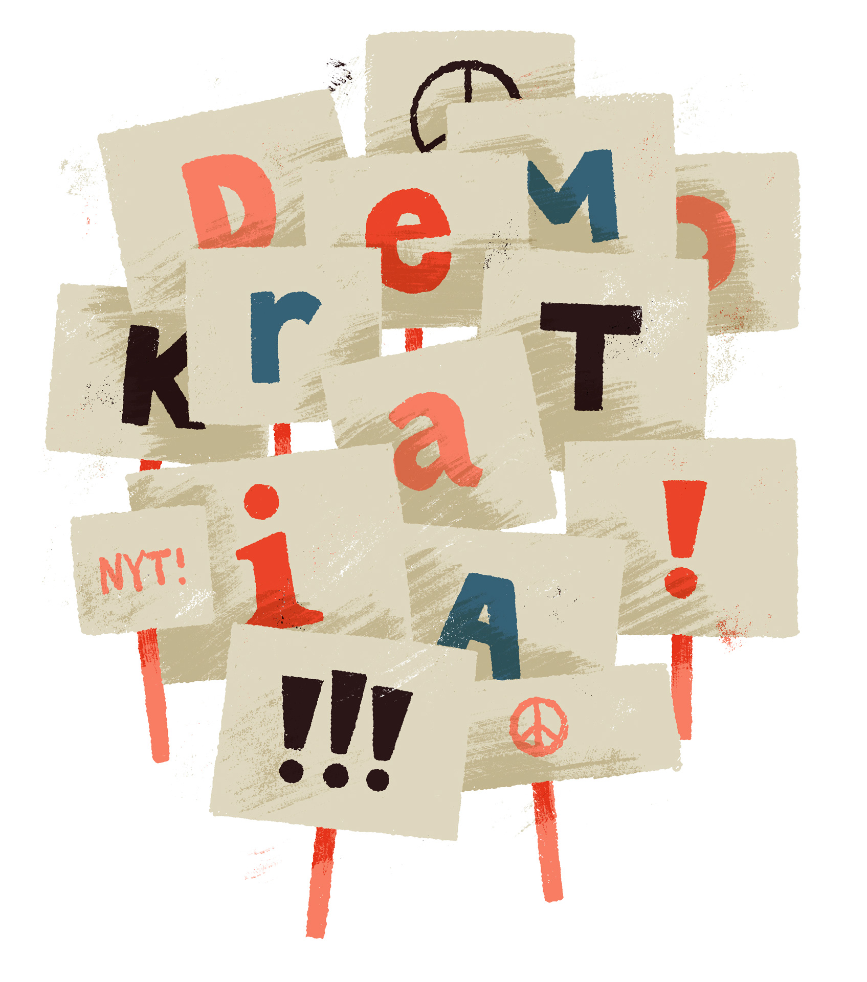 Piirroskuva kylteistä, joiden kirjaimista muodostuu sana demokratia!!!
