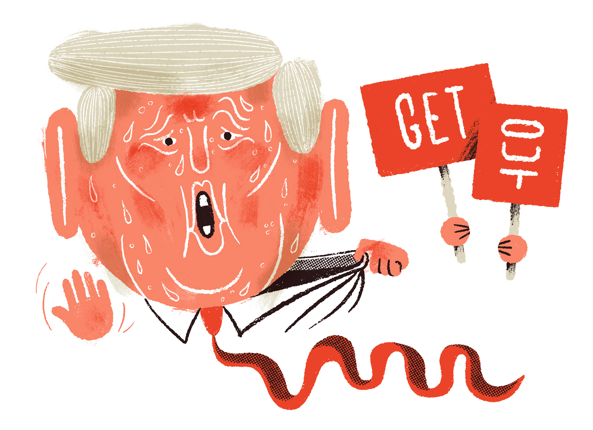 Piirroskuva, jossa pilakuva Donald Trumpista ja kaksi kylttiä, joissa lukee get ja out.
