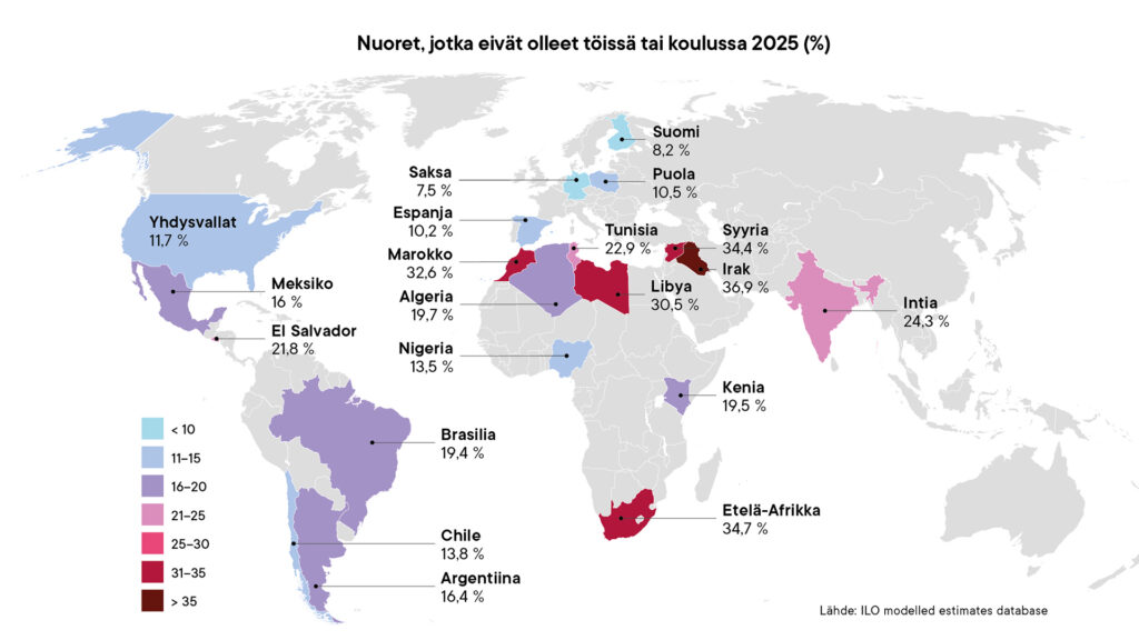 Grafiikka, jossa maailmankartta. Otsikko: Nuoret, jotka eivät olleet töissä tai koulussa 2025 (%)