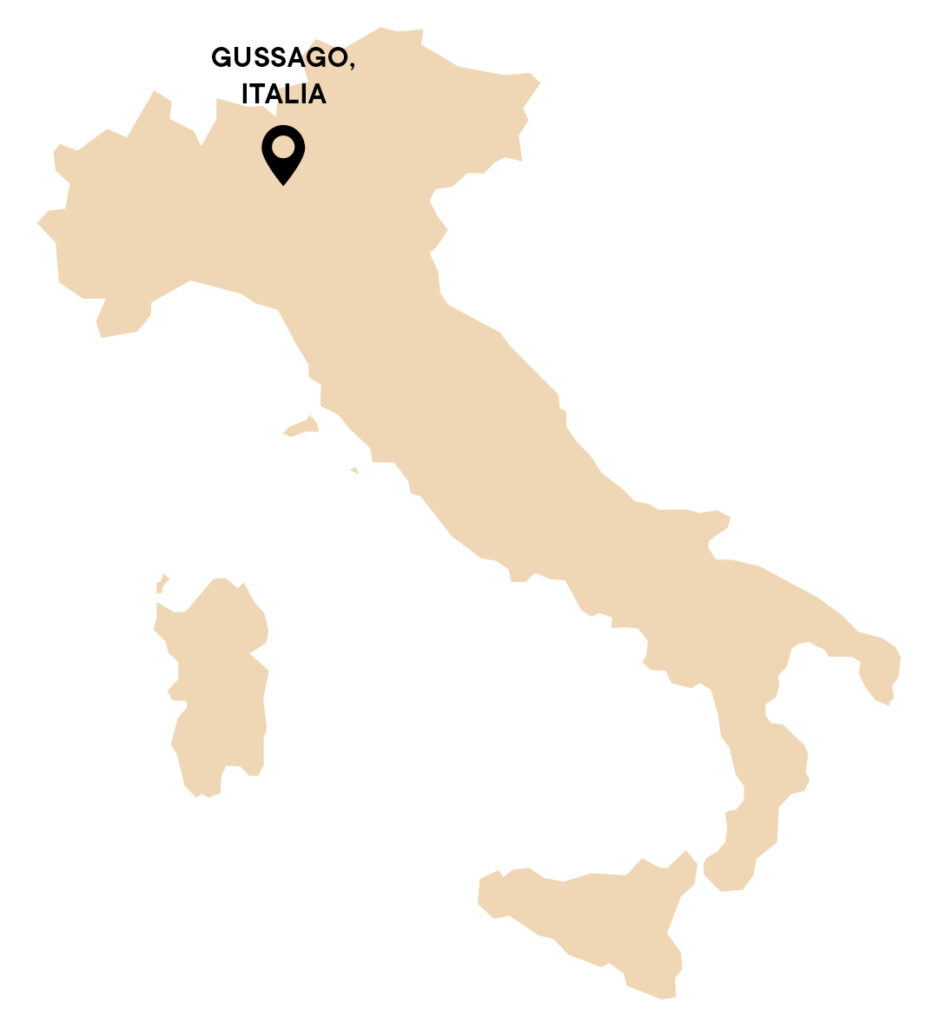 Karttagrafiikka, jossa Italian kartta ja Gussagon paikkakunta.
